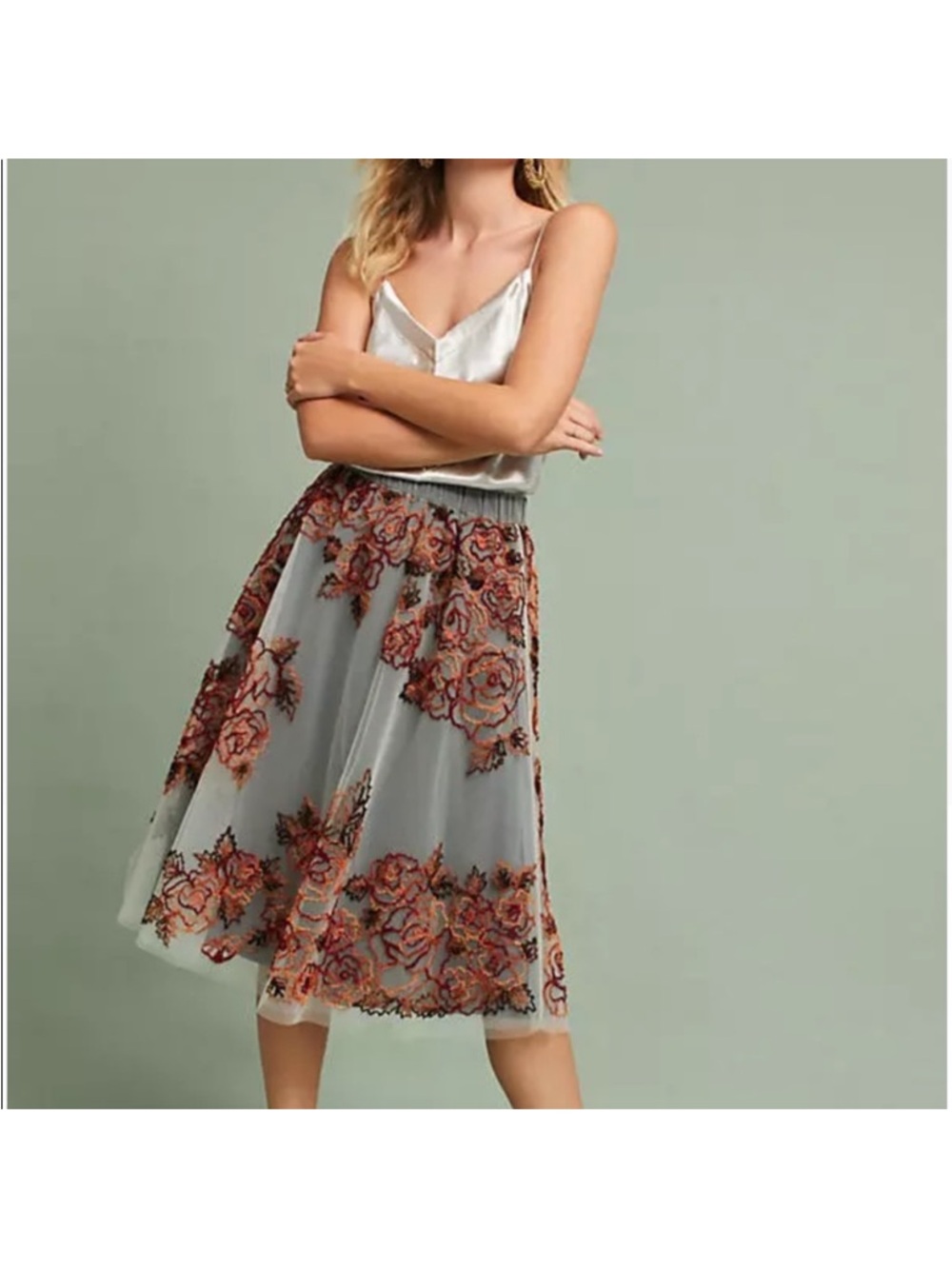 Anthropologie Embroidered Tulle Midi Skirt Rosie Boho Large Statement Serious